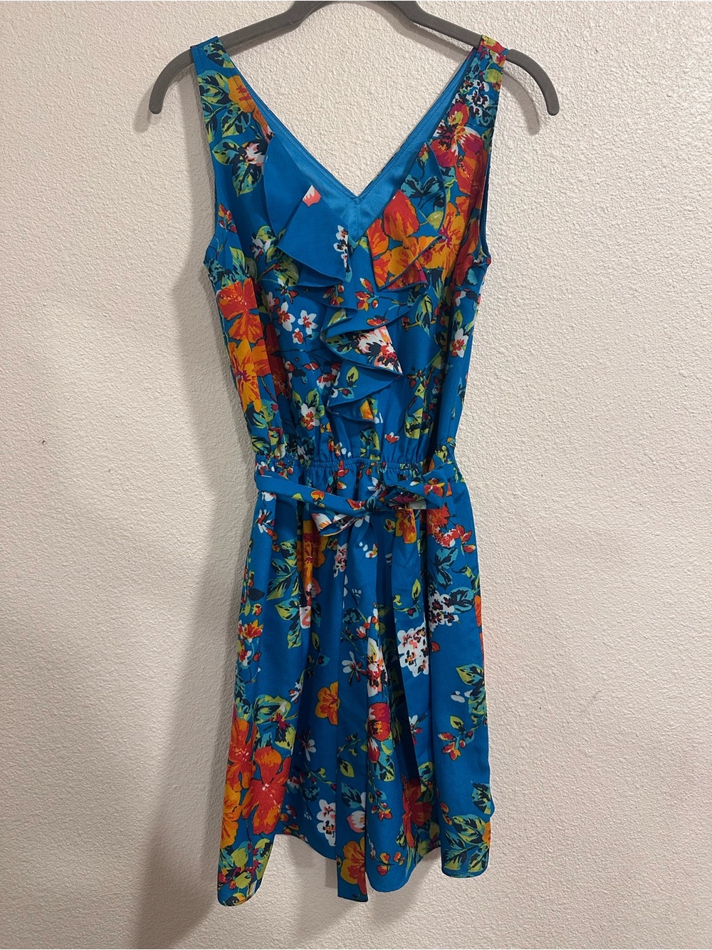 Express Blue Floral Ruffle V-Neck Mini Dress